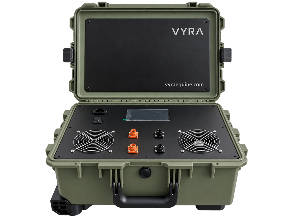 VYRA Equine Wave Therapy — open case with control panel and two ring applicators